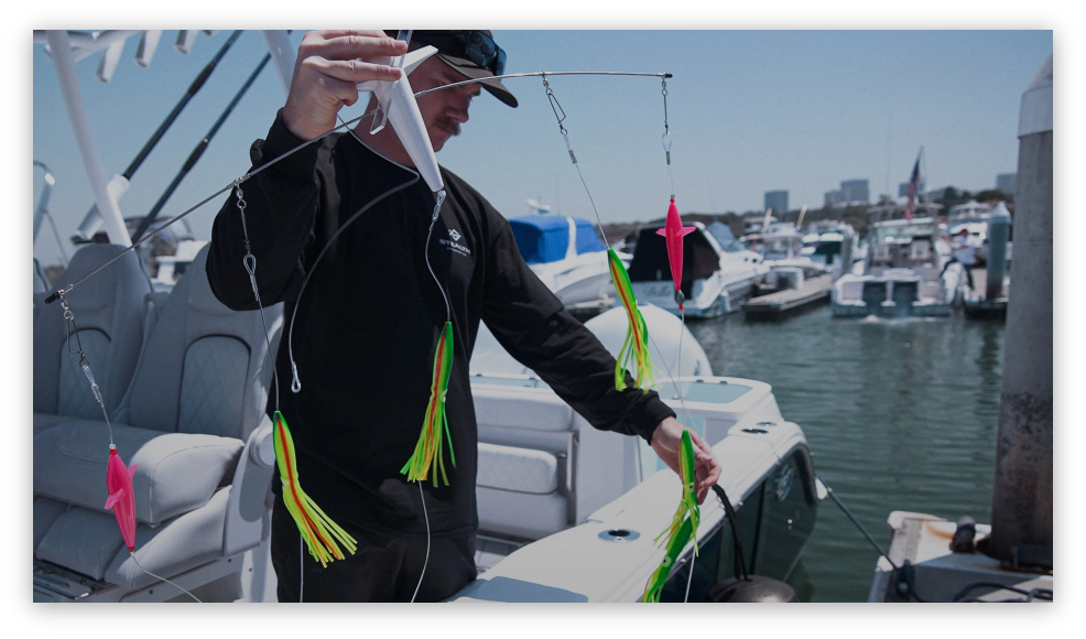 Directional tuna spreader bars trolling in a wide spread off Southern California 